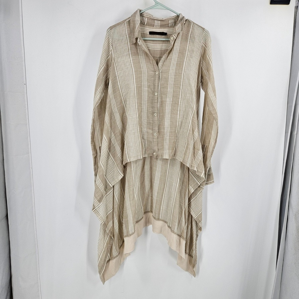 Nicholas K Tunic Shirt Tan White Striped High Low Draped Button Down Lagenlook S